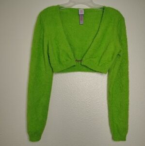 Savage X Fenty Fuzzy Neon Green Cropped Cardigan Metalic Logo Sz M